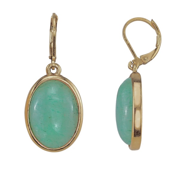 14K Gold-Dipped Semi-Precious Aventurine Stone Oval Drop Earrings - Picture 3 of 3